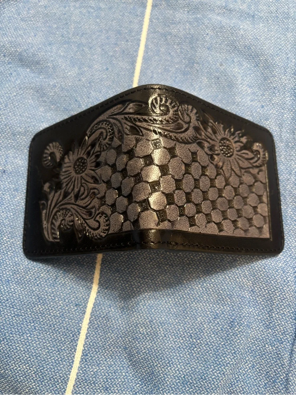 Embossed Black Leather Money Clip Wallet for Men